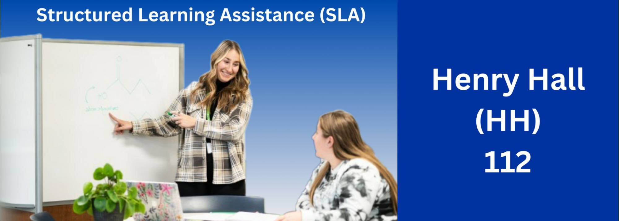 A tutor pointing at a diagram on a white board in front of a student. The text "Structured Learning Assistance (SLA); Henry Hall (HH) 112" is beside the image.